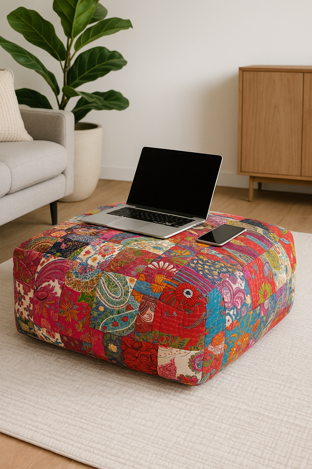 Handmade multicolour Kantha ottoman cushion cover with patchwork design