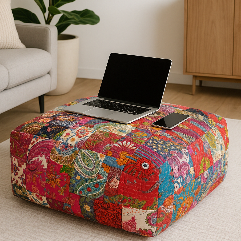 Multicolour patchwork Kantha cotton ottoman cushion cover with laptop and phone.