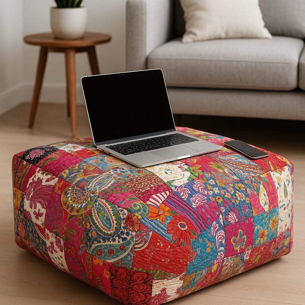 Handmade multicolour Kantha patchwork cotton ottoman cushion with laptop and phone.