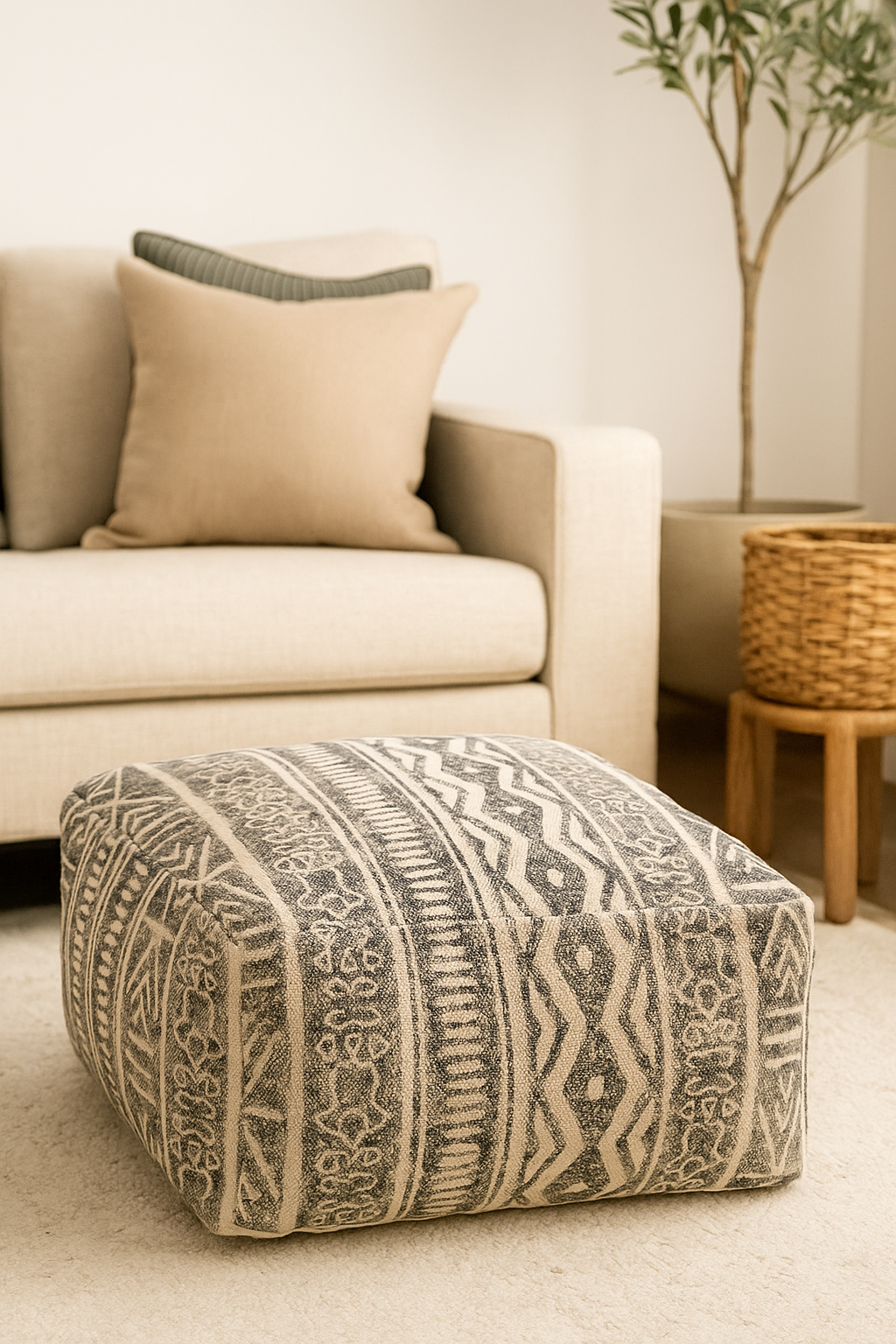 Handcrafted black and natural monochrome Kilim cushion cover for ottomans