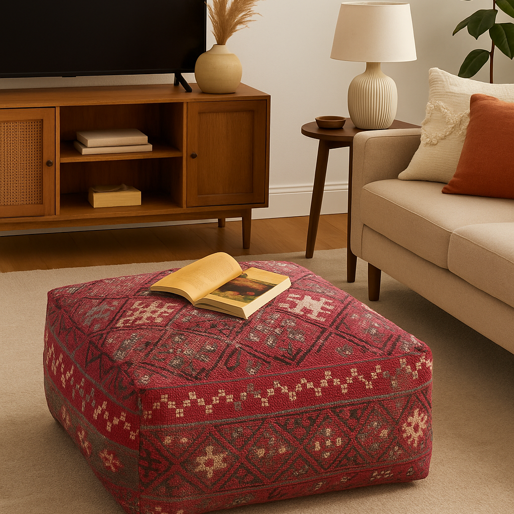 Red Moroccan Kilim cotton ottoman cover (60x60x25cm) with traditional patterns in a living room.