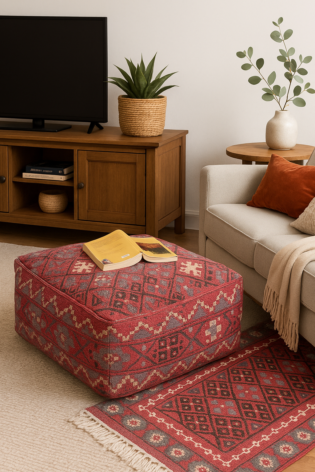 Red Moroccan Kilim Ottoman Cover - Cotton Cushion 60x60x25