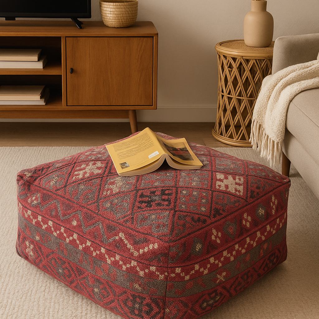 Red Moroccan Kilim ottoman cover, 60x60x25cm, with traditional patterns in cotton and wool.