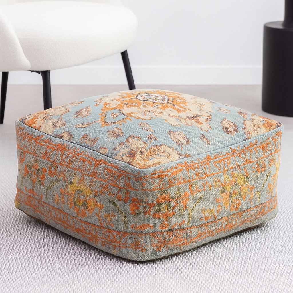Cotton Kilim ottoman cushion cover in vibrant cyan blue Moroccan design