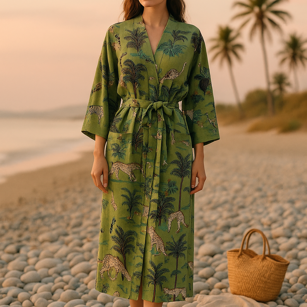Soft breathable green cotton waffle kimono robe comfortable loungewear