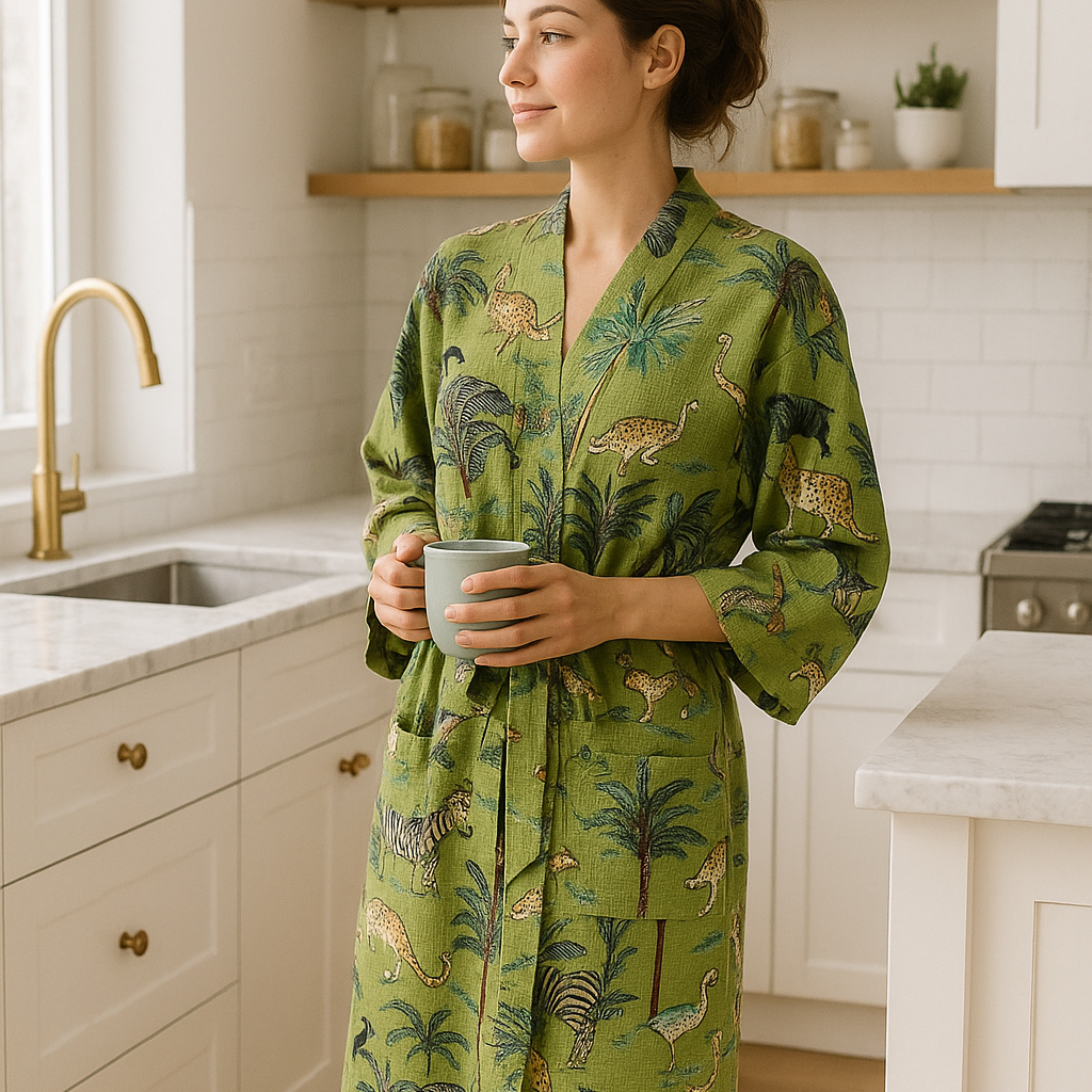 Lightweight cotton waffle kimono robe in green safari shade boho style