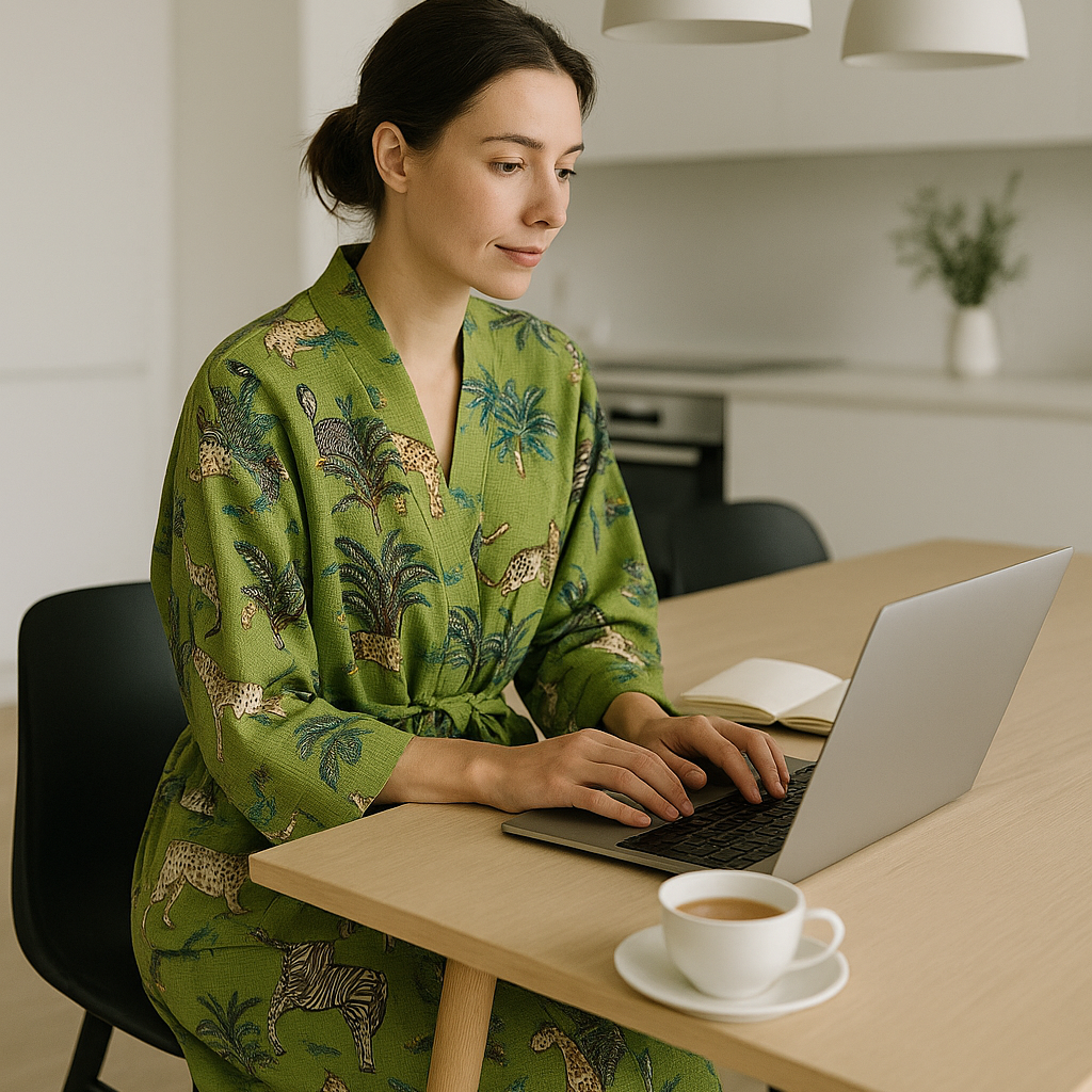 Women wearing green safari cotton waffle kimono robe for relaxed home comfort