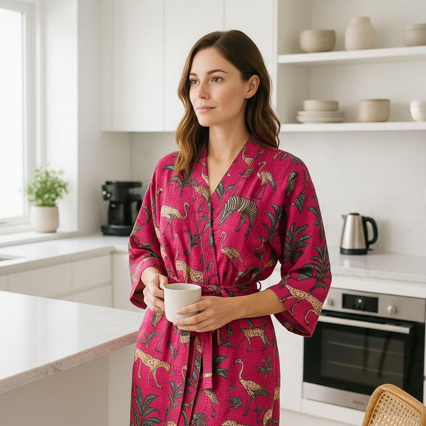 Pink safari cotton waffle kimono robe lightweight women’s dressing gown