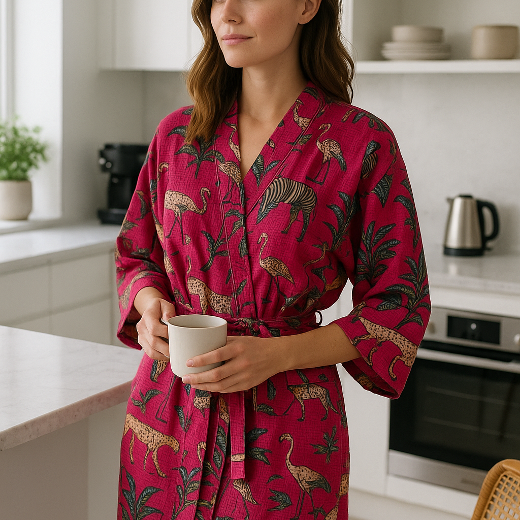 Lightweight pink cotton waffle kimono robe in soft boho style