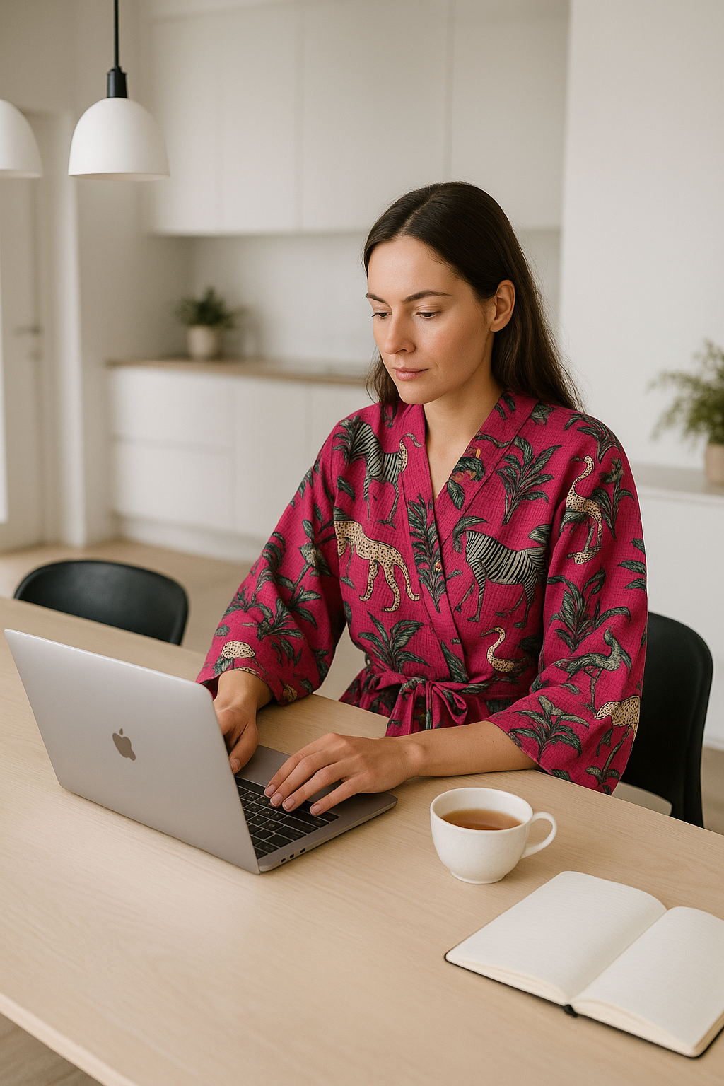 Woman wearing pink safari cotton waffle kimono robe for relaxed home lounging
