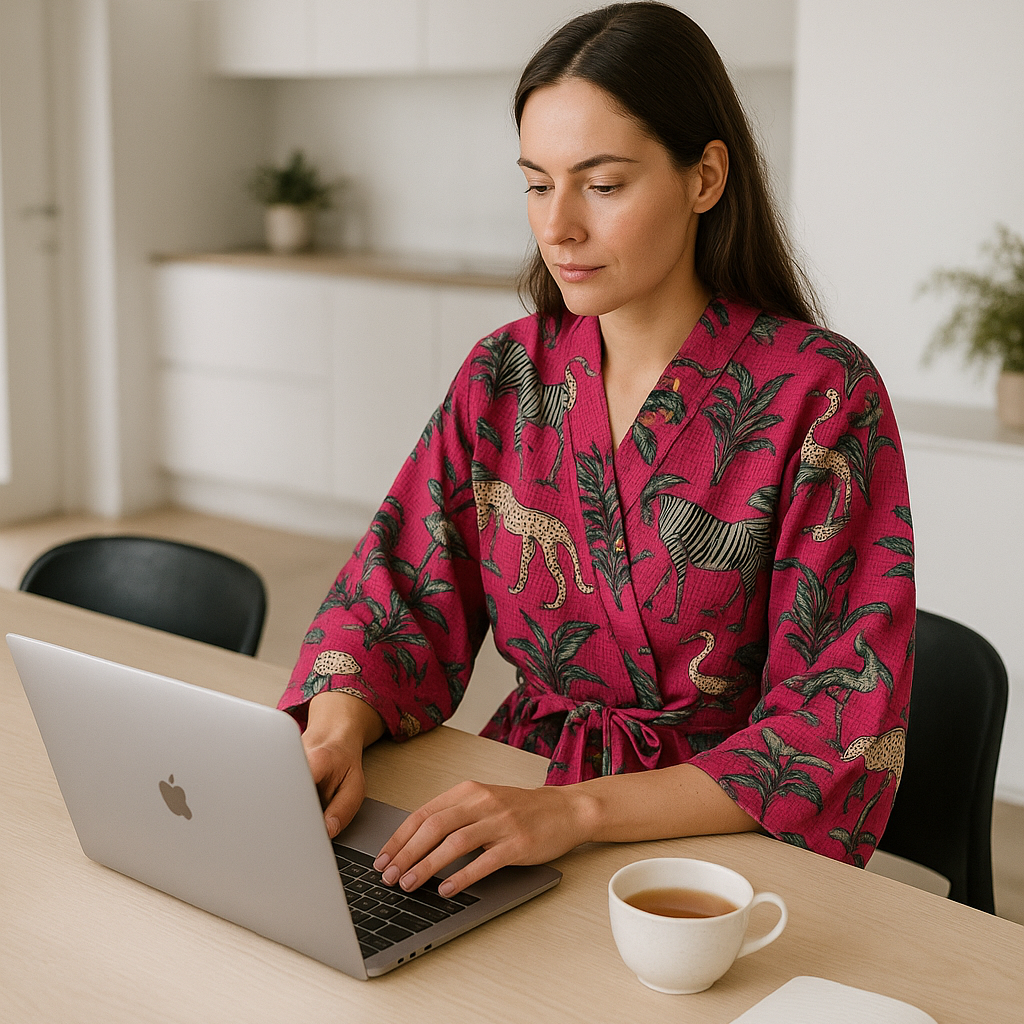 Woman wearing pink safari cotton waffle kimono robe for relaxed home lounging