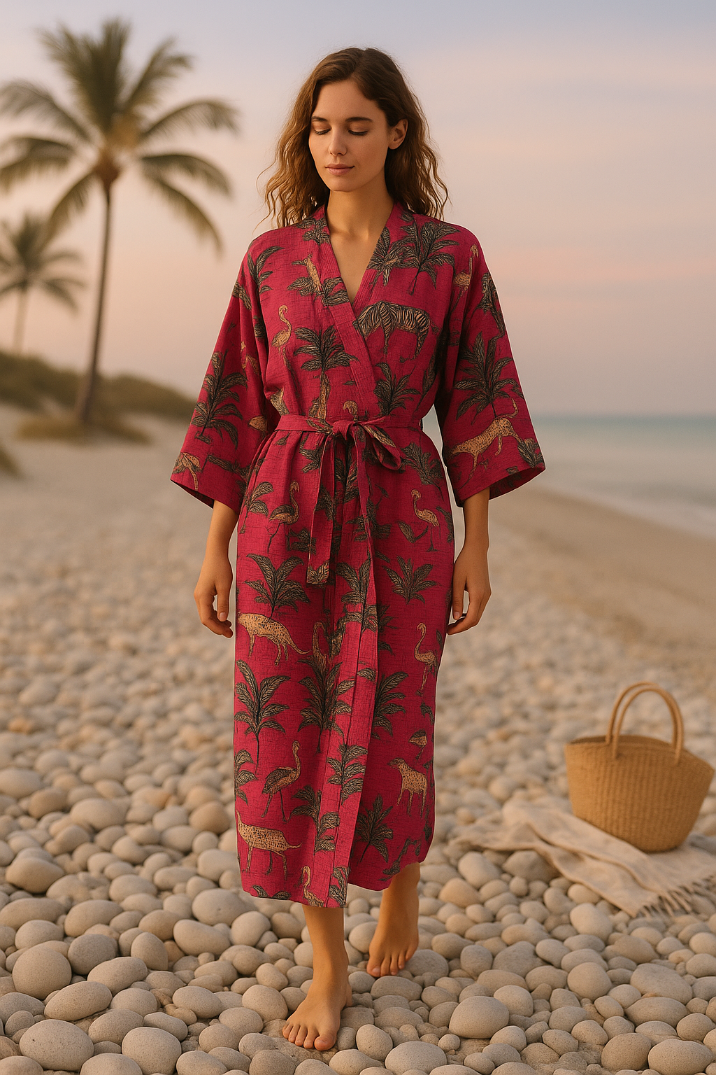 Boho style pink cotton waffle kimono robe women’s dressing gown