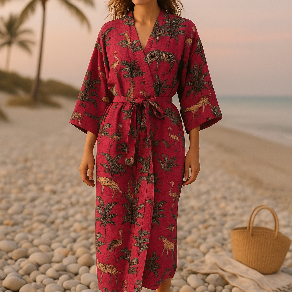 Boho style pink cotton waffle kimono robe women’s dressing gown