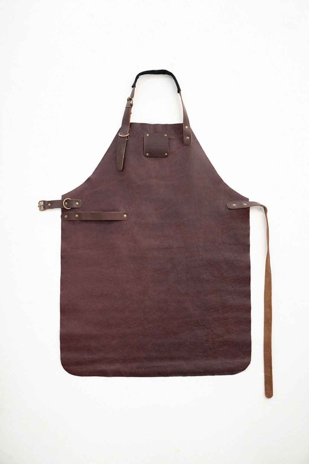 Handcrafted espresso brown leather apron with signature finish