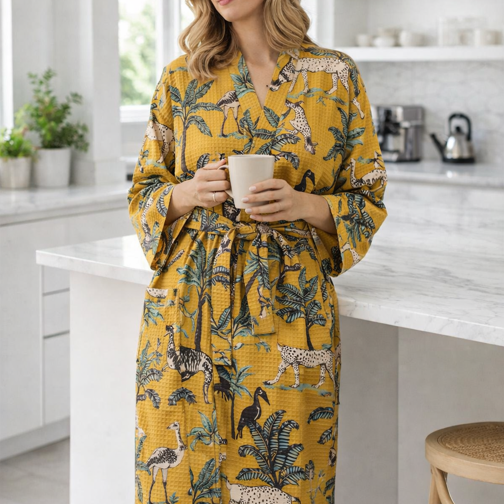 Mustard cotton waffle kimono robe safari style dressing gown