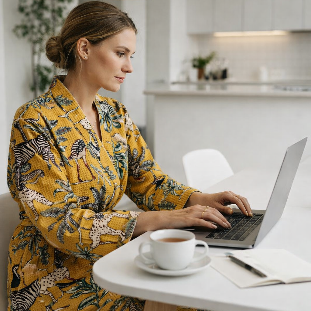 Woman wearing mustard cotton waffle kimono robe for relaxed home lounging