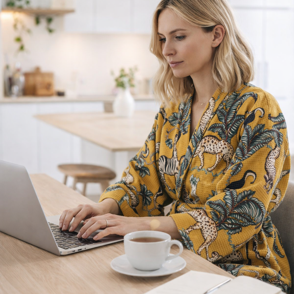 Lightweight mustard cotton waffle kimono robe boho safari loungewear