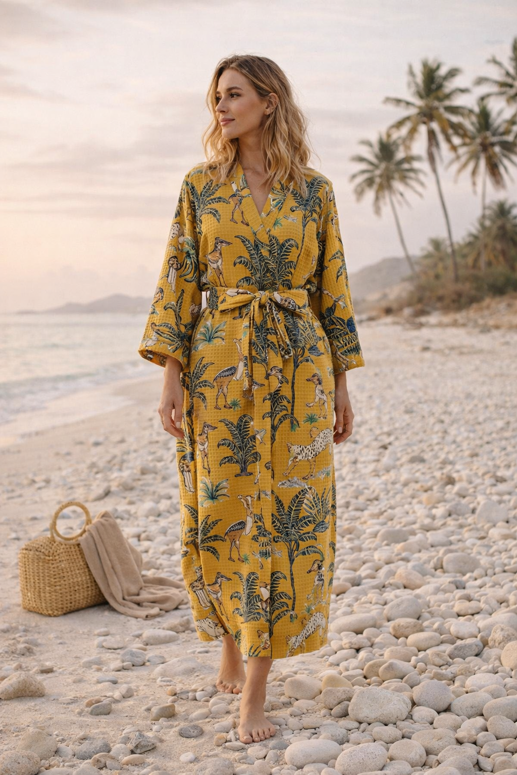 Boho style mustard cotton waffle kimono robe women’s safari gown