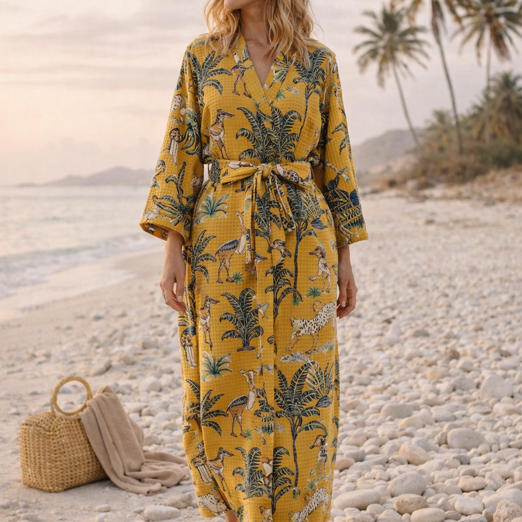 Boho style mustard cotton waffle kimono robe women’s safari gown