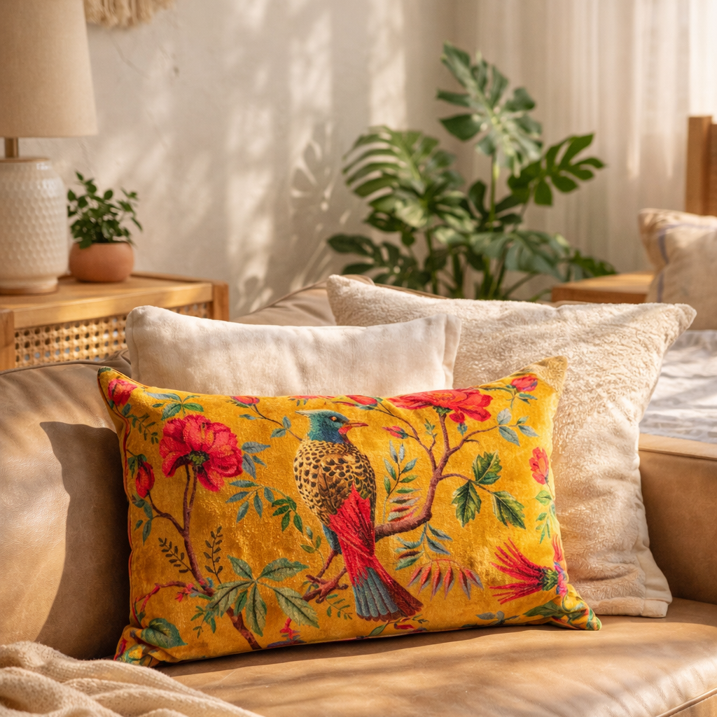 Decorative bird mustard velvet lumbar cushion cover for living room and bedroom