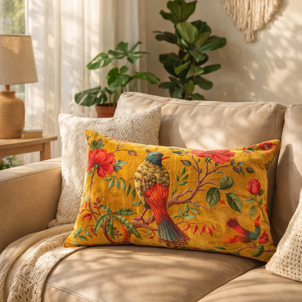 Boho style bird mustard lumbar cushion cover made from cotton velvet