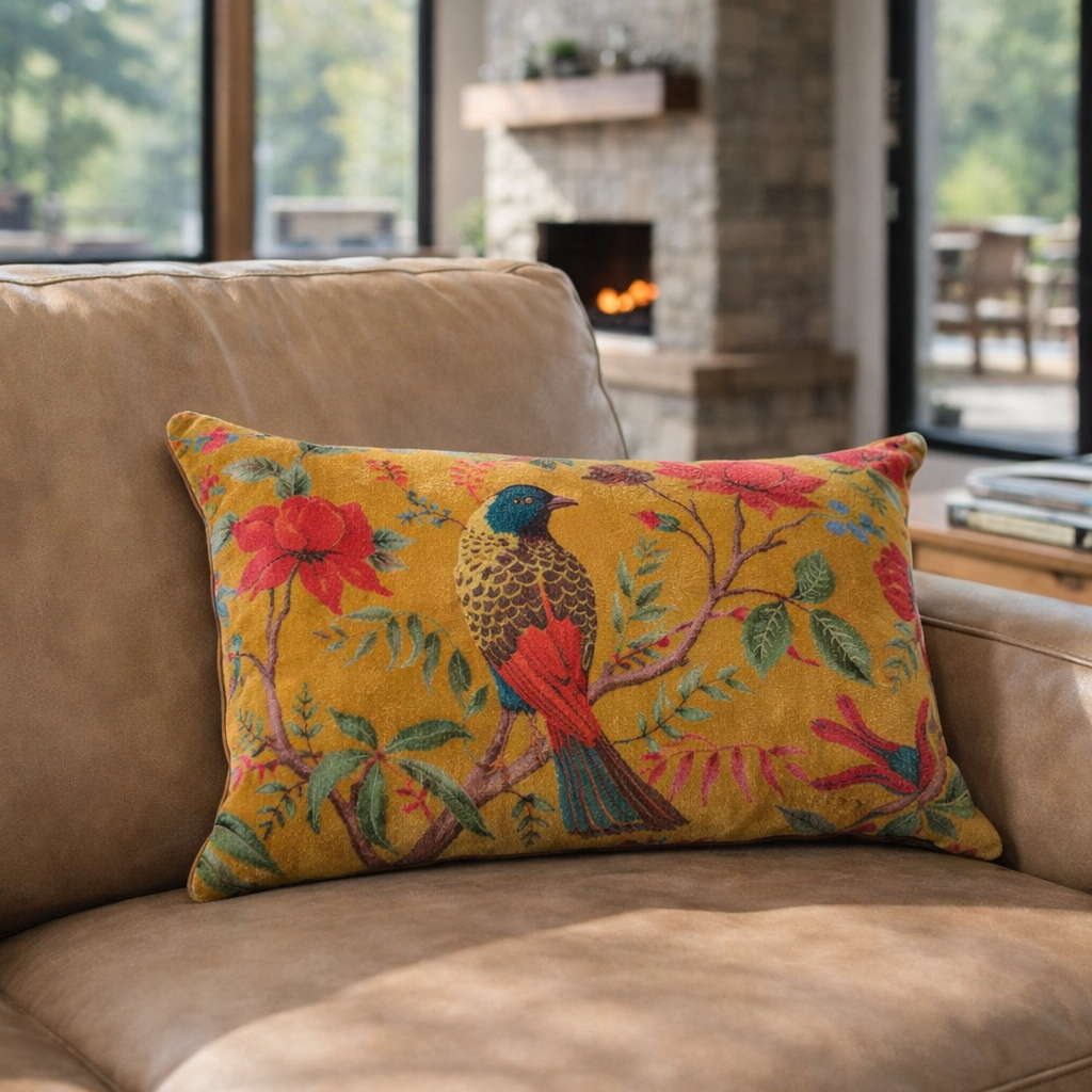 Elegant bird mustard cotton velvet cushion cover 30x50cms by Boho-Eclectica