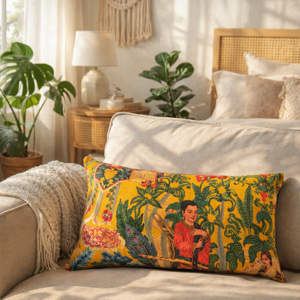 Decorative Tropical Frida mustard velvet lumbar cushion cover for living room
