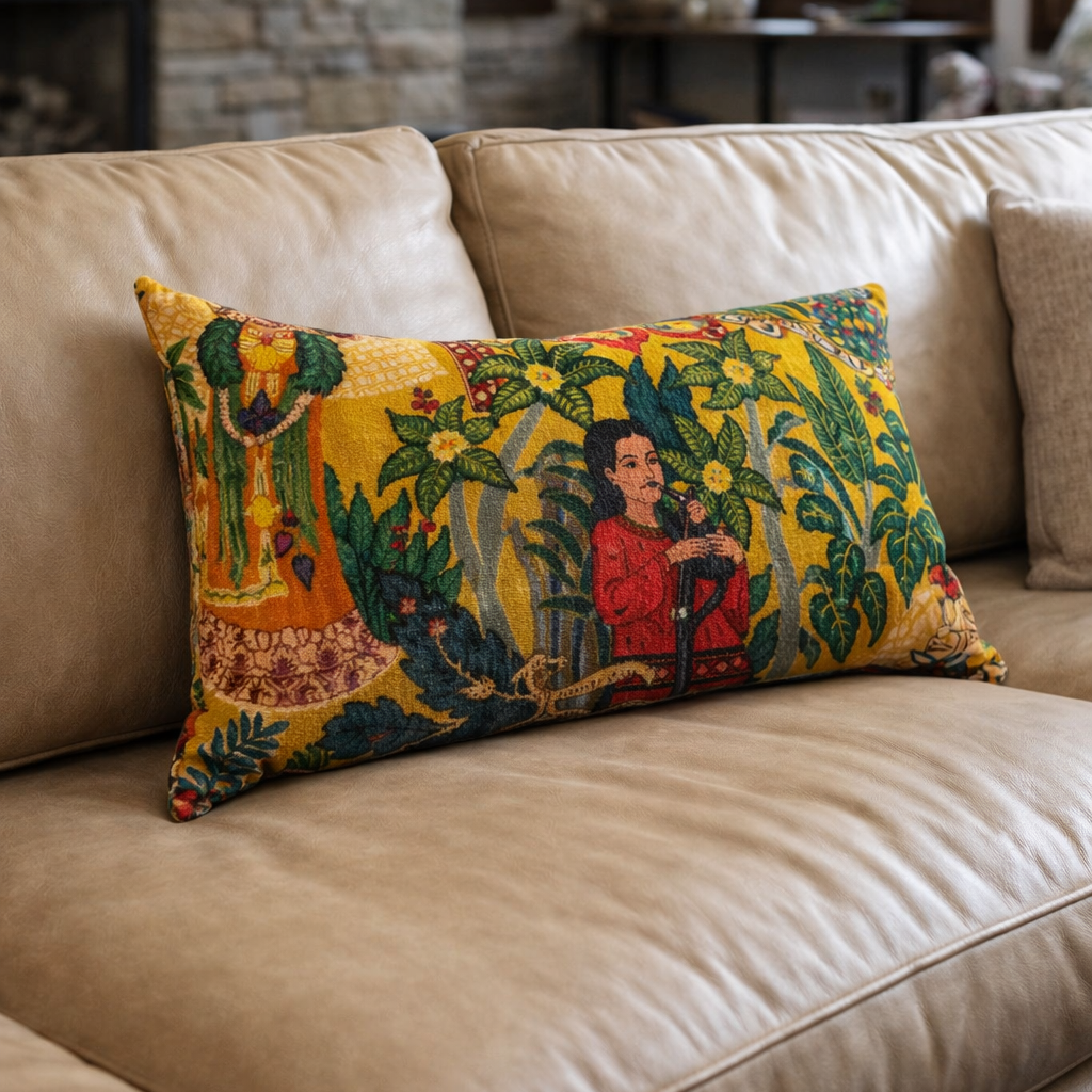 Stylish Tropical Frida cotton velvet lumbar cushion cover 30x50cm by Boho-Eclectica