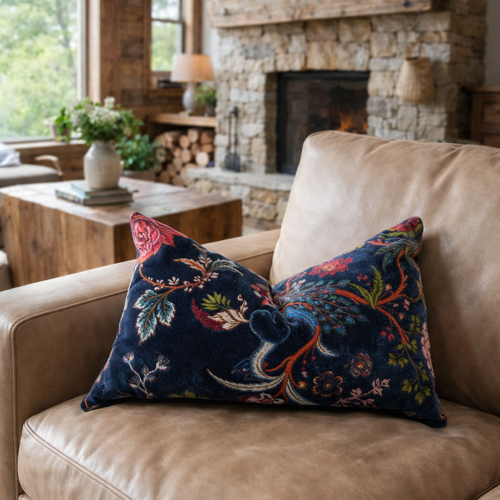 Boho navy floral lumbar cushion cover made from soft cotton velvet