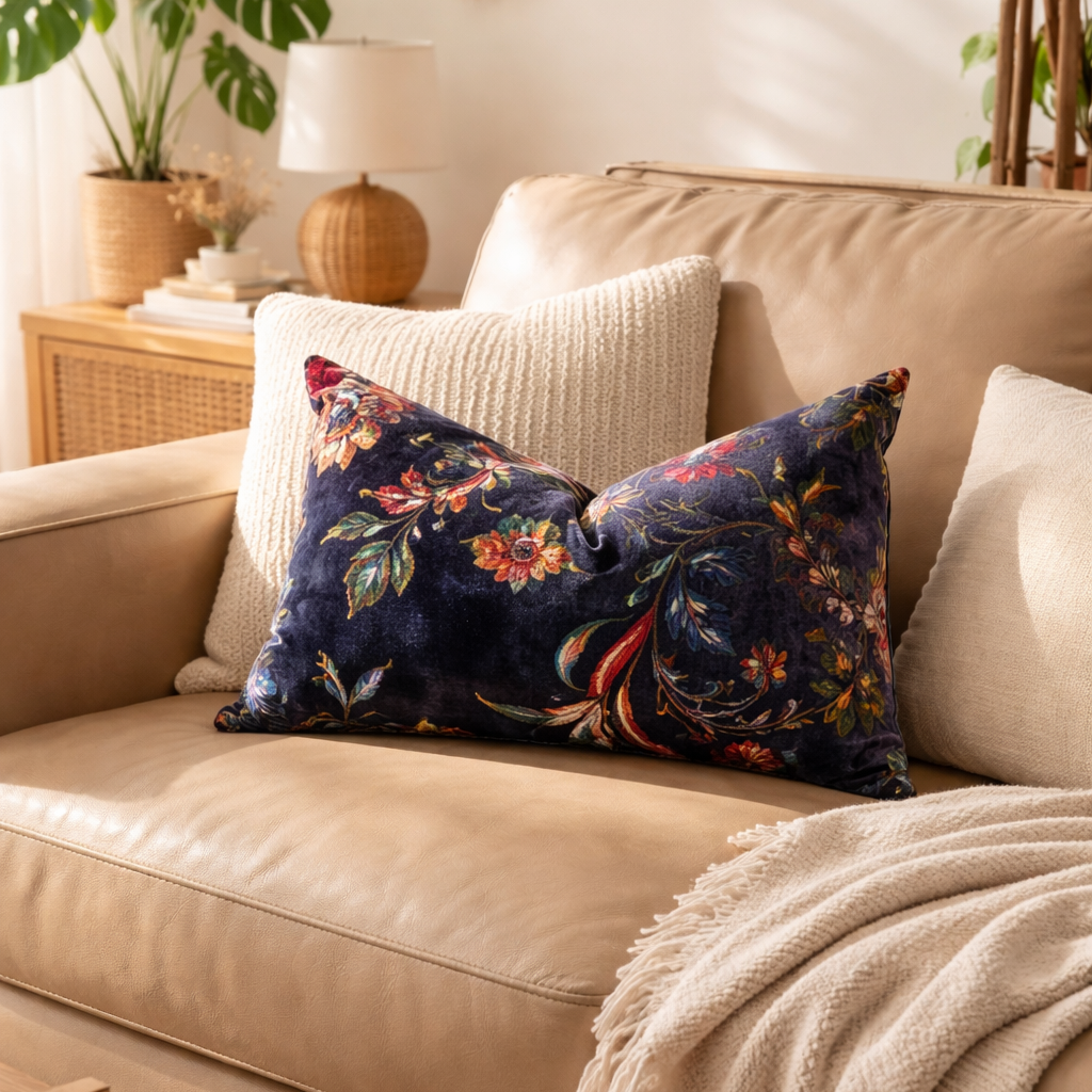 Decorative navy floral velvet lumbar cushion cover for living room and bedroom