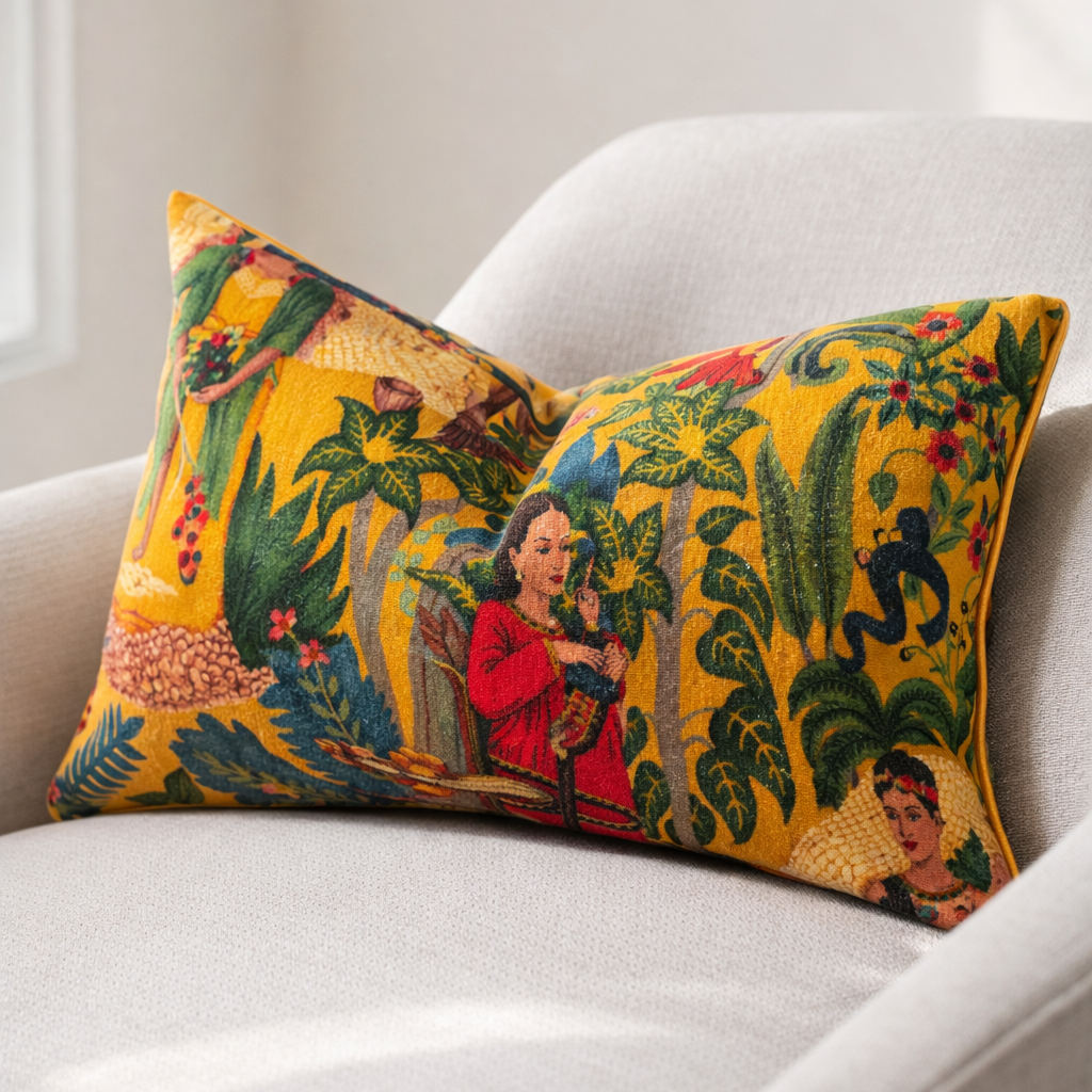 Boho tropical Frida mustard lumbar cushion cover made from soft cotton velvet