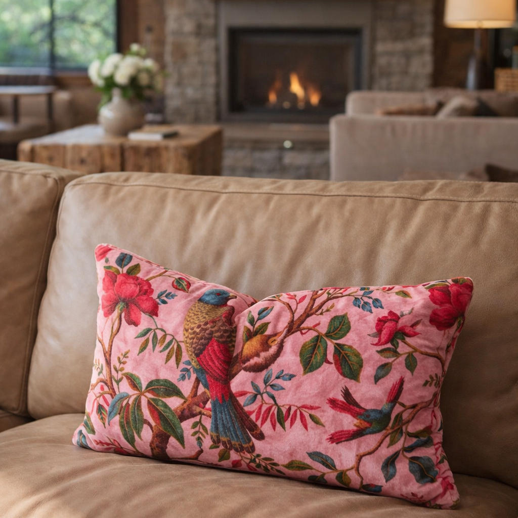 Close-up detail of pink floral bird print on cotton velvet cushion cover