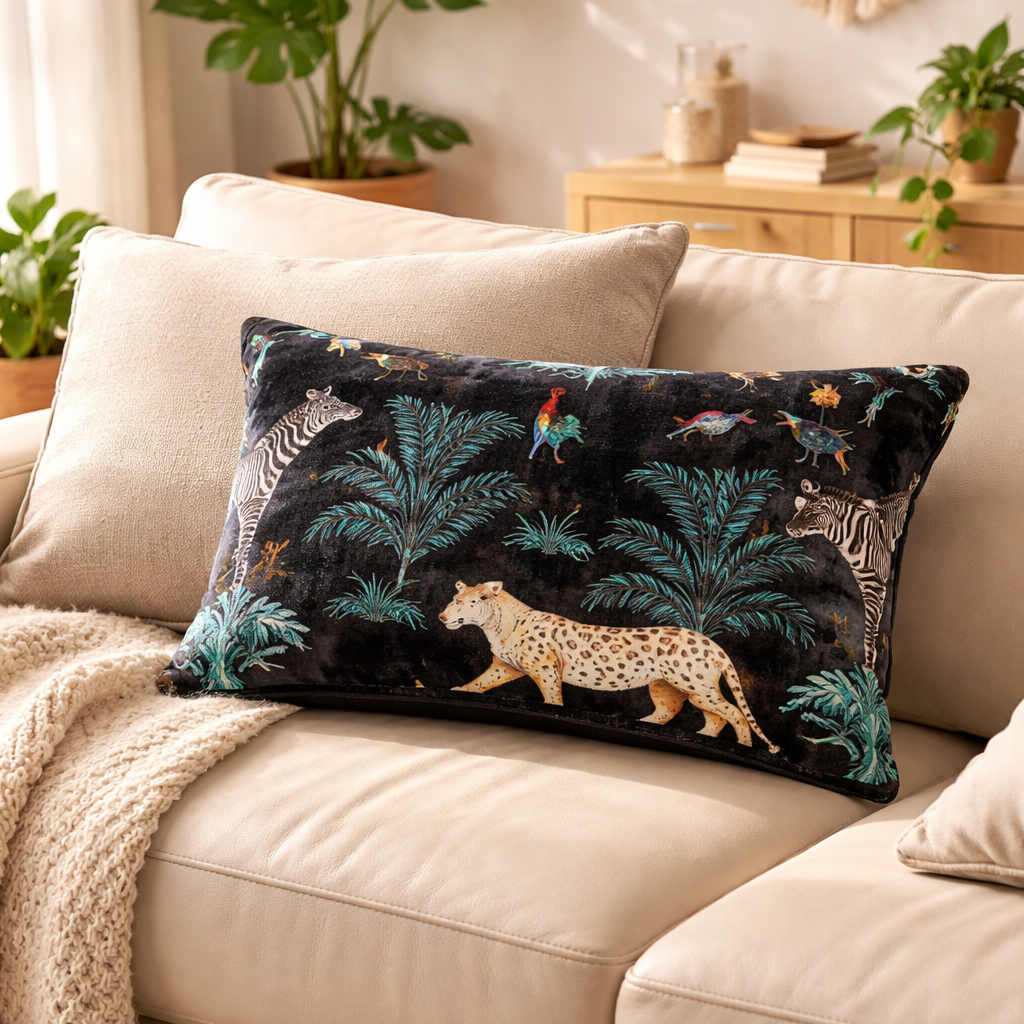 Close-up of jungle print and texture on black cotton velvet lumbar cushion cover