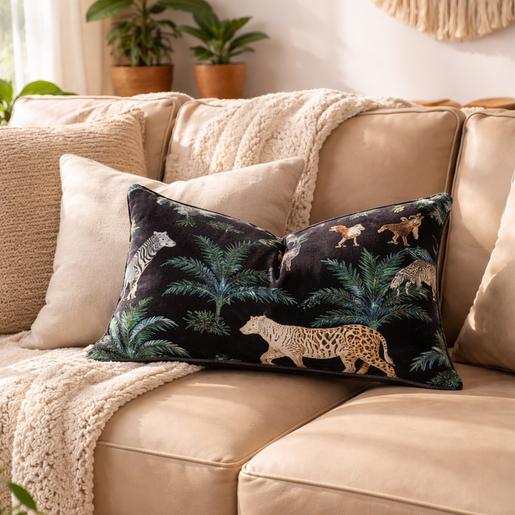 Luxurious black cotton velvet lumbar cushion cover with safari design