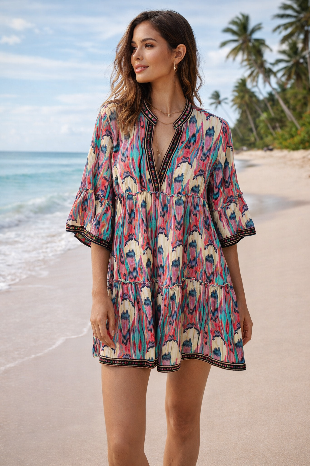 Sunset Mirage boho ikat cotton mini dress in jewel tones, front view