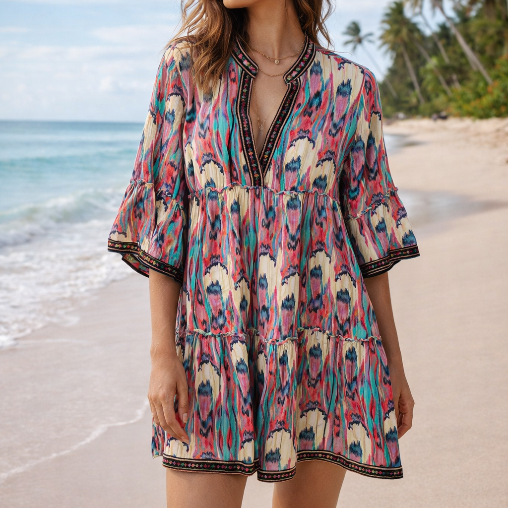 Sunset Mirage boho ikat cotton mini dress in jewel tones, front view