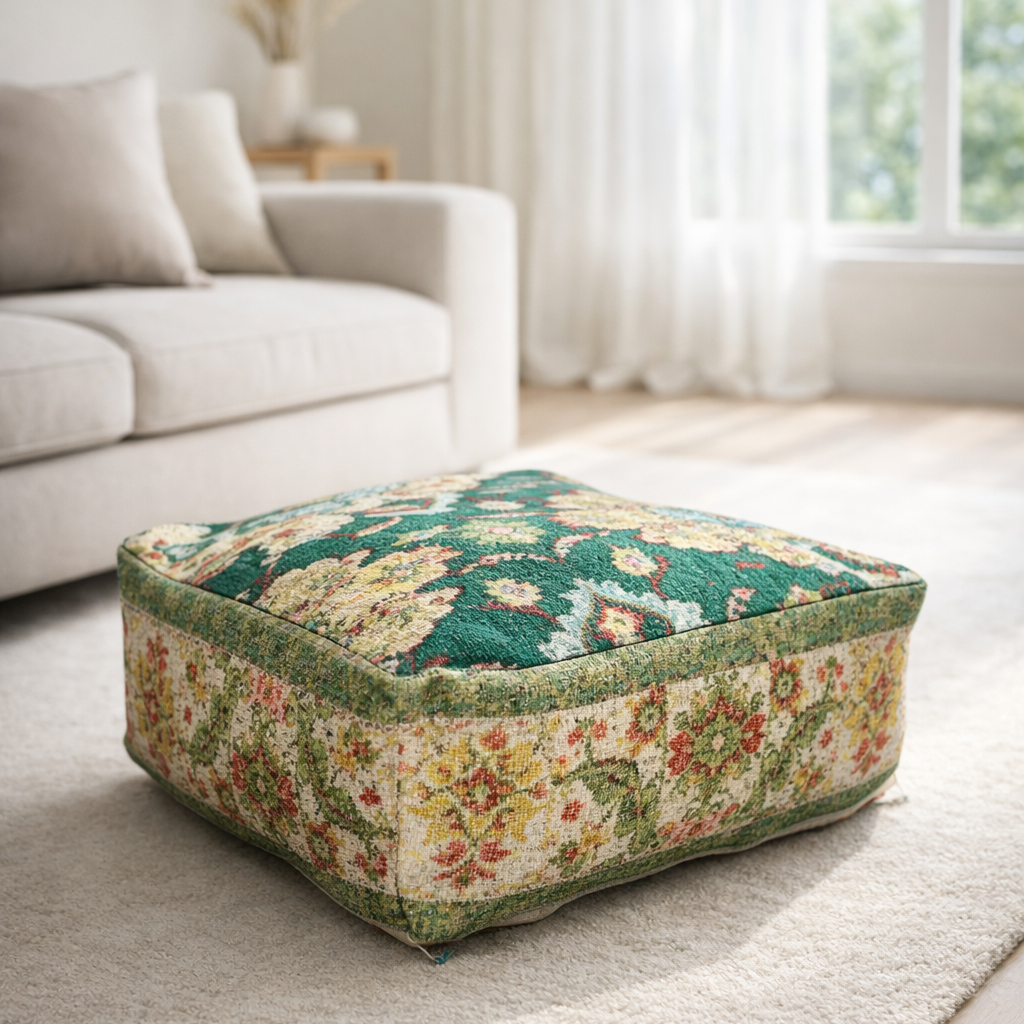 Vintage kilim cotton ottoman cushion cover with boho eclectic design for floor seating