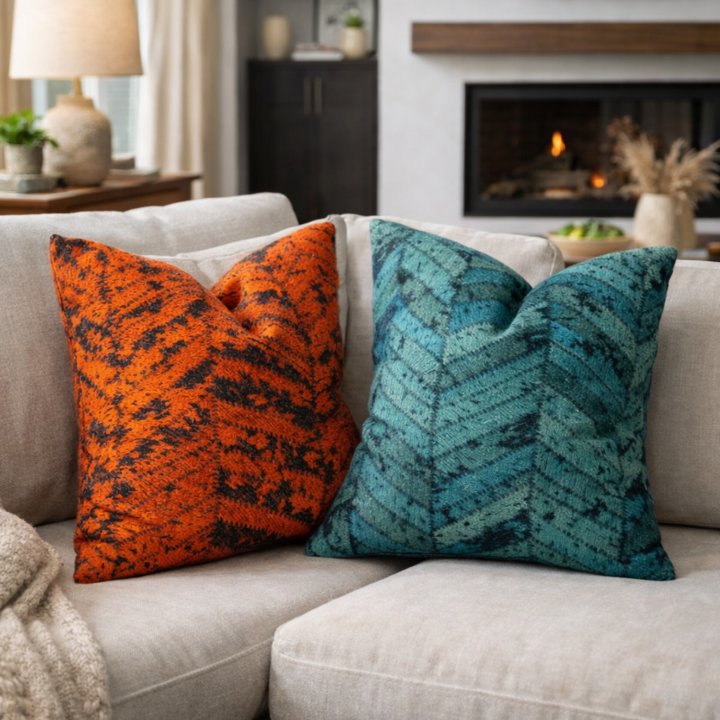 Teal and rust orange chevron cowhide cushion covers set of two for eclectic living room