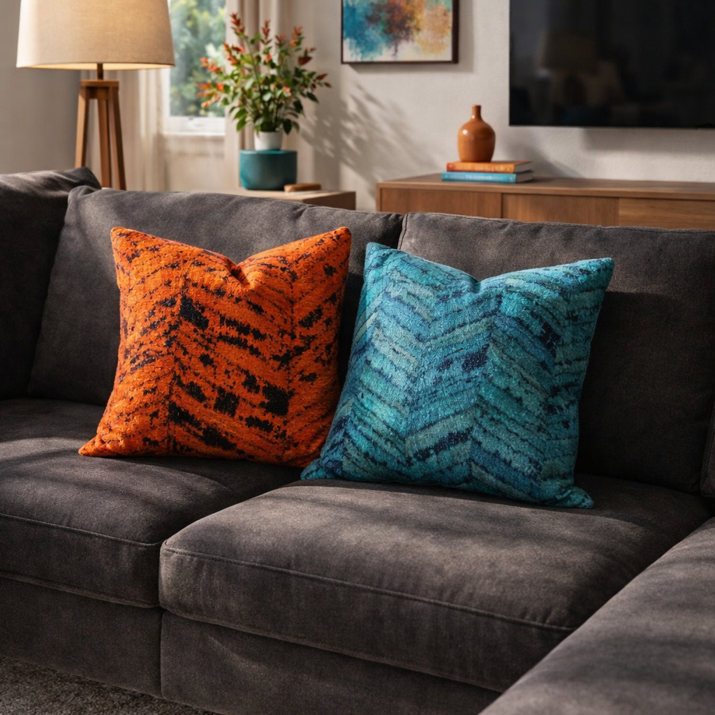 Decorative boho-eclectic cowhide cushion covers in teal and rust orange chevron design