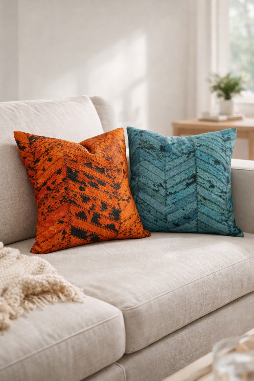 Boho cowhide cushion covers set of 2 in teal and rust orange chevron pattern 40x40cm