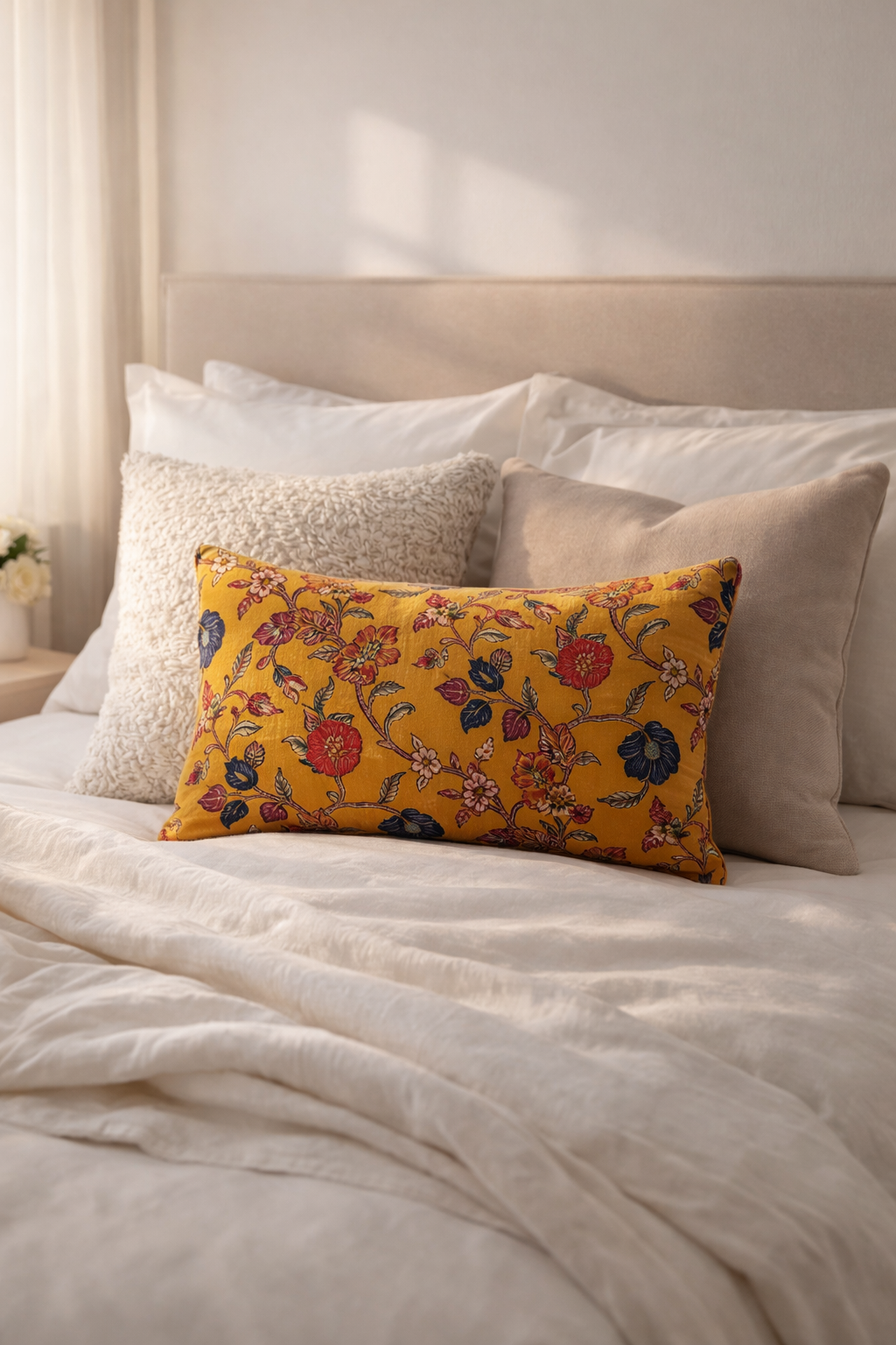 Eclectic home decor mustard velvet cushion cover with vintage floral pattern