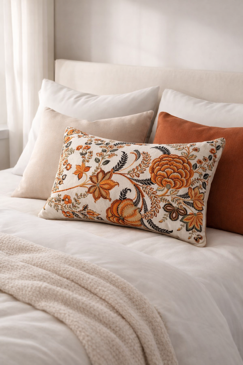 Soft rust velvet lumbar cushion cover 50x30cm with botanical floral design for boho interiors