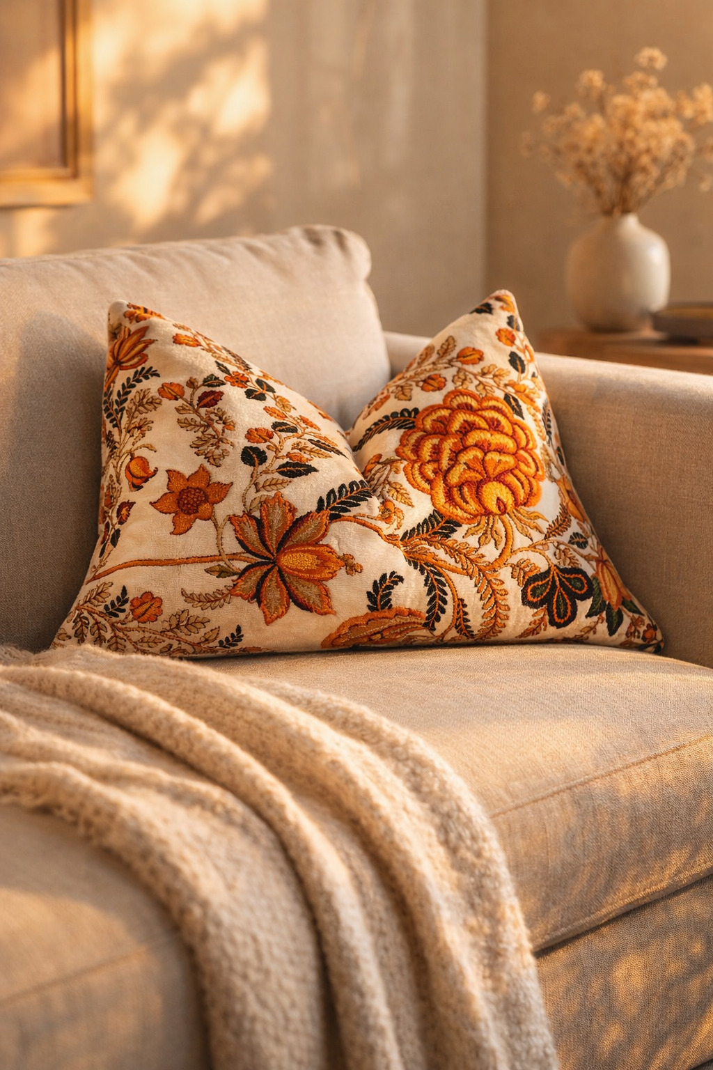 Eclectic home decor rust velvet cushion cover with vintage floral botanical print