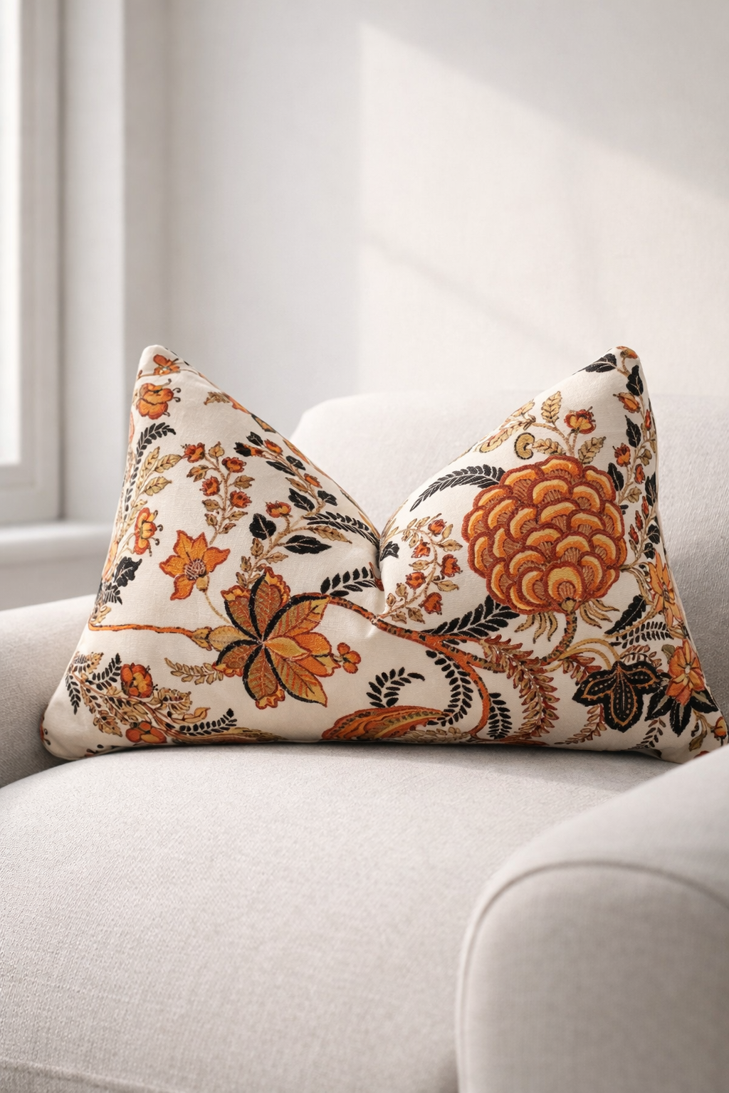 Rust floral velvet lumbar cushion cover 50x30cm with vintage botanical design in boho decor