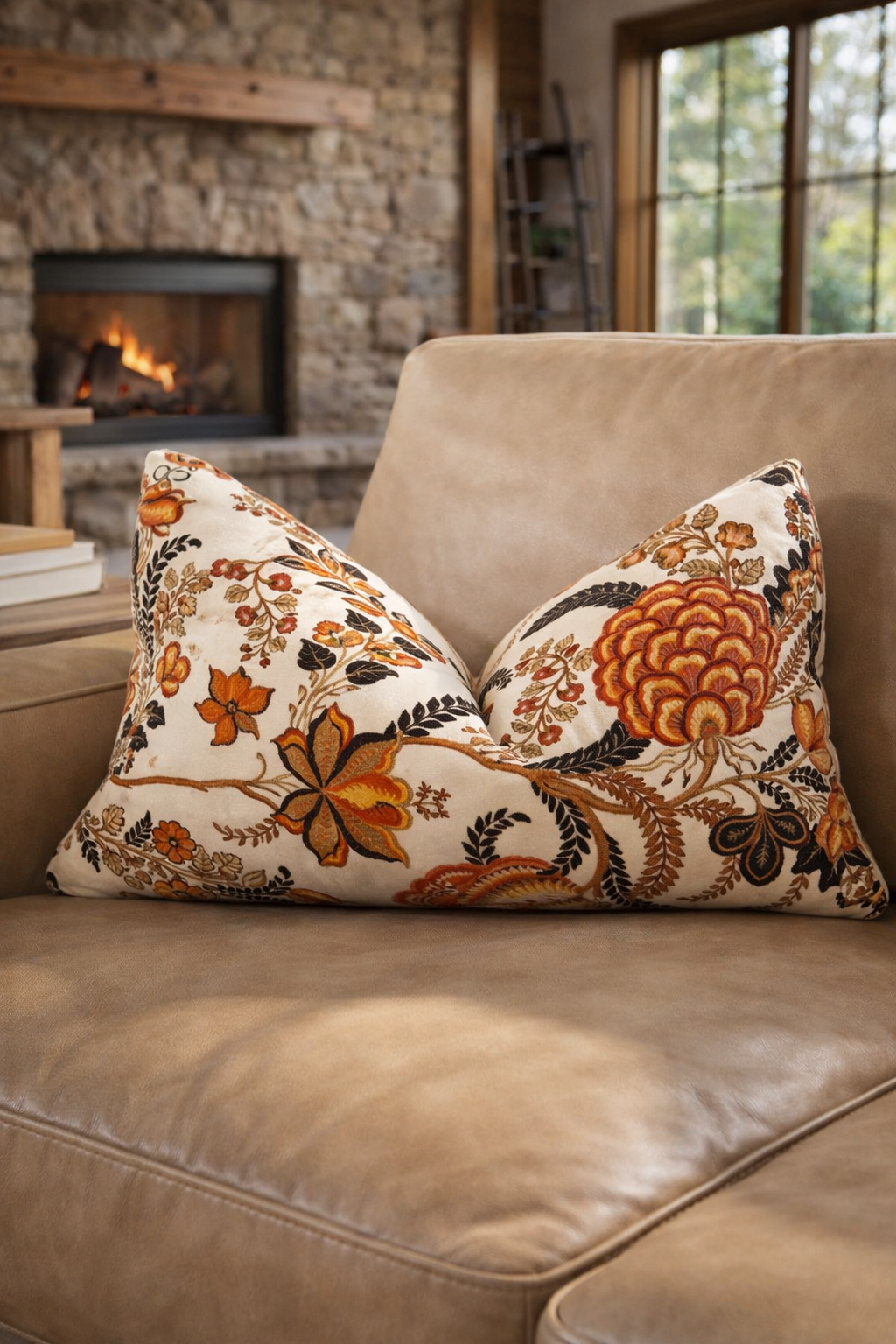 Boho rust velvet cushion cover with botanical floral pattern rectangular 50x30cm