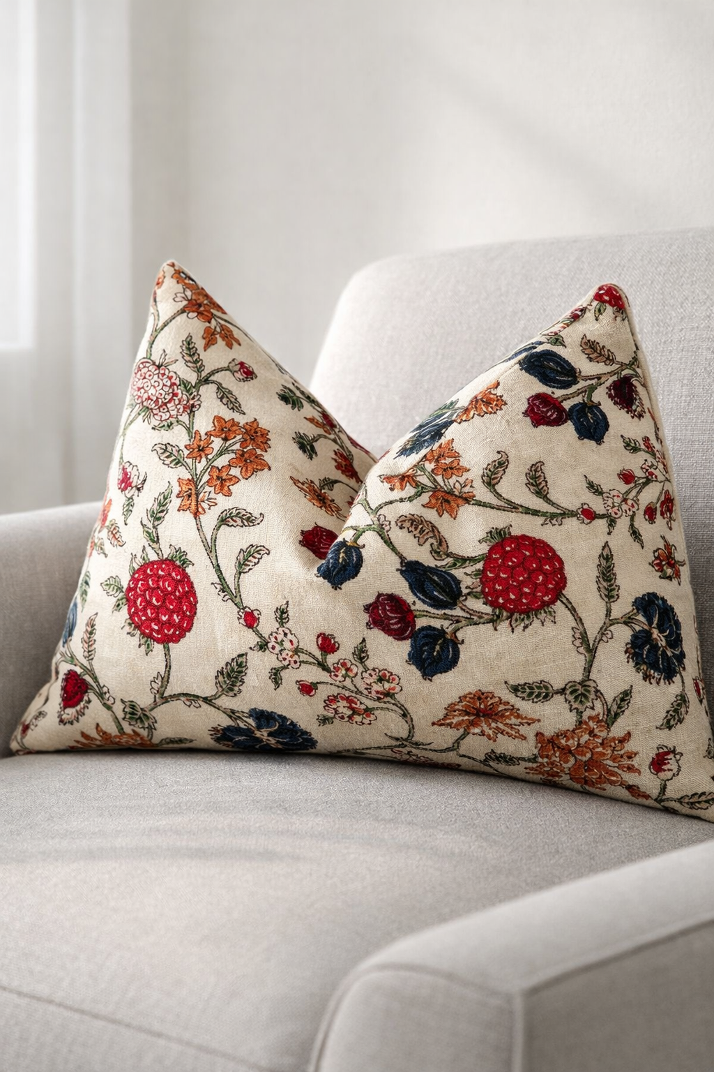 Beige vintage floral velvet lumbar cushion cover 50x30cm in boho eclectic home decor