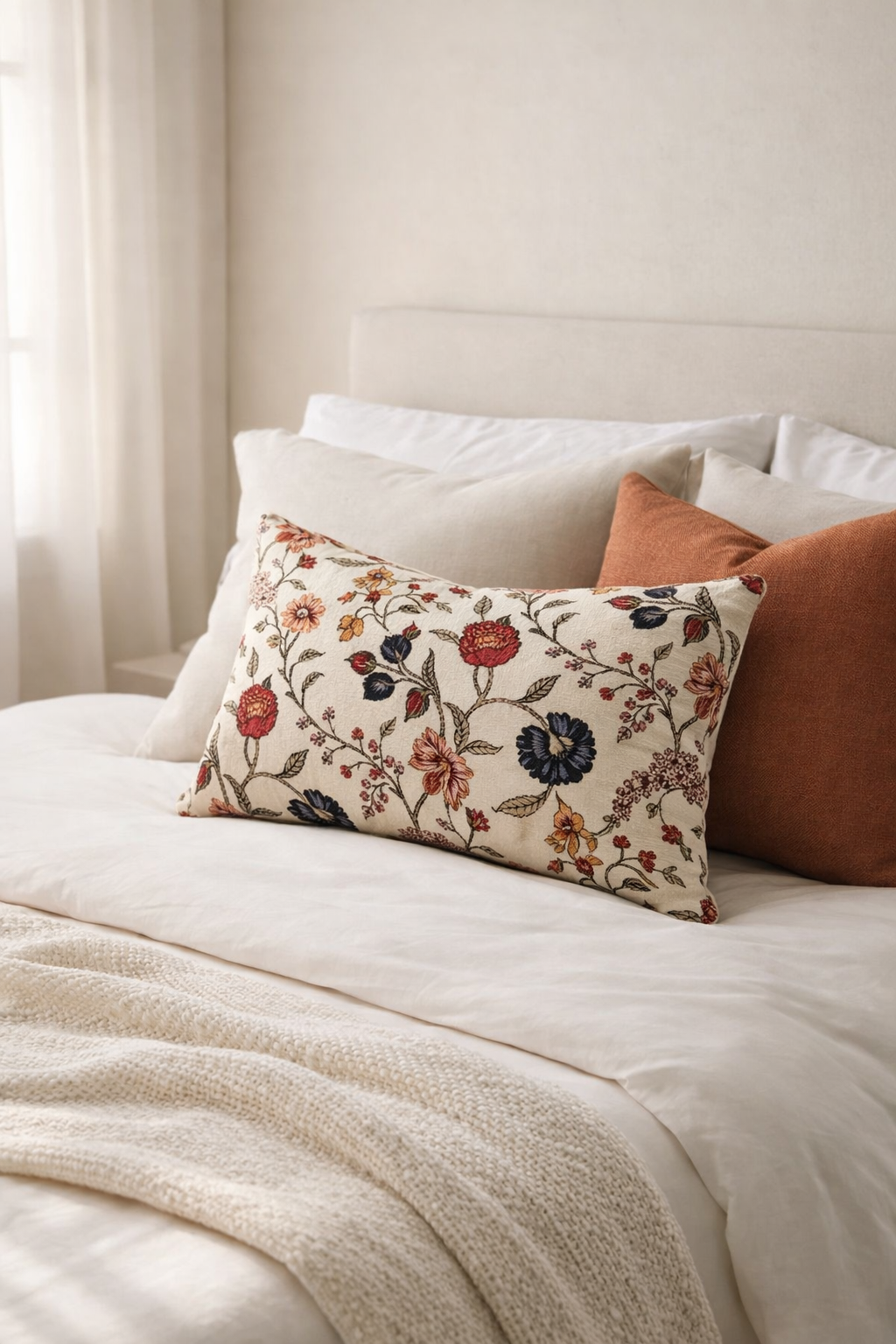 Soft beige floral velvet lumbar pillow cover for sofa and bed 50x30cm