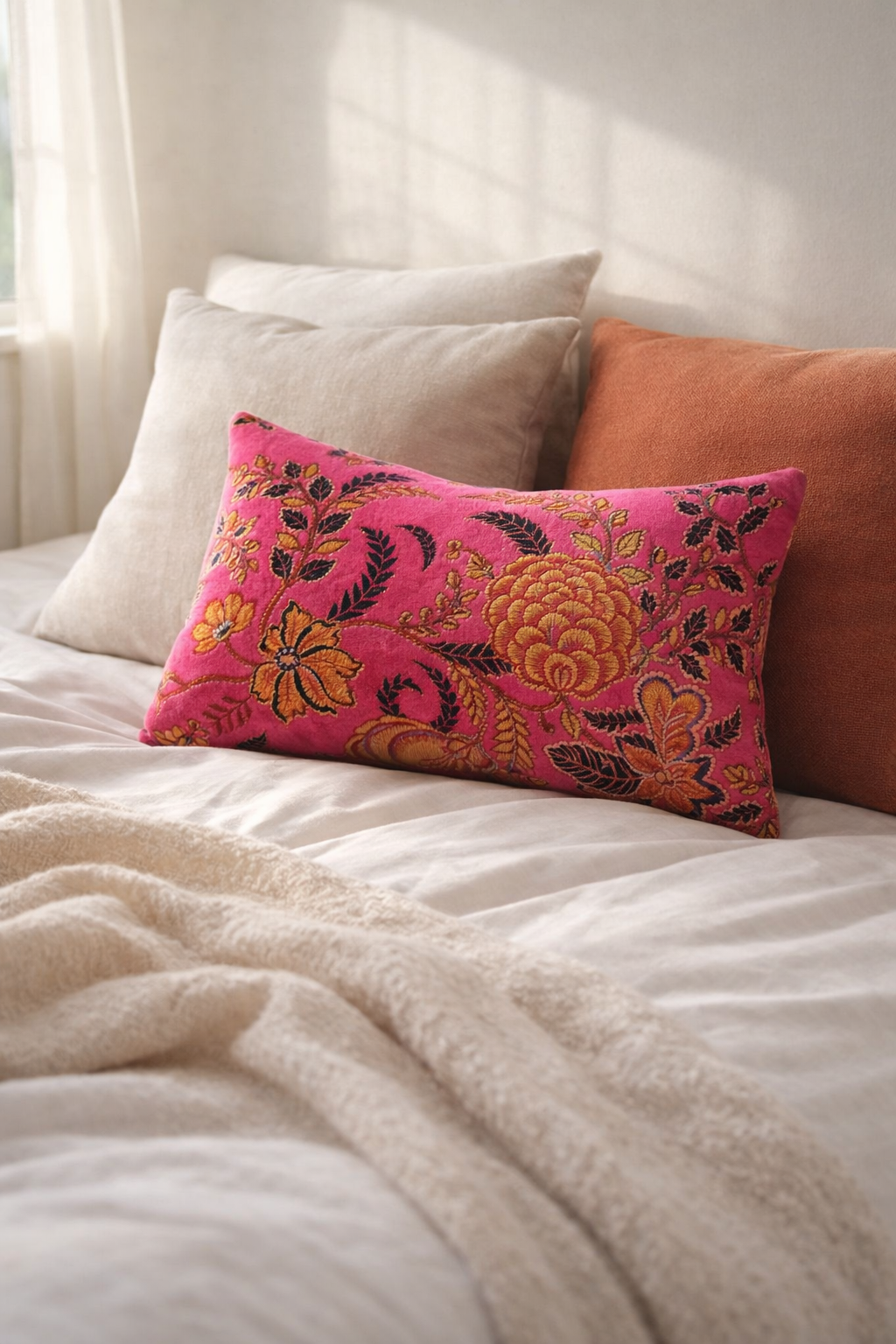 Eclectic home decor pink velvet cushion cover with vintage floral pattern