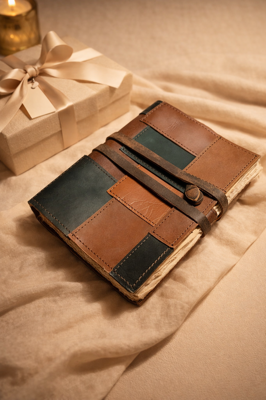 Bohemian handmade leather journal with patchwork cover and wrap closure, rustic deckle edge notebook
