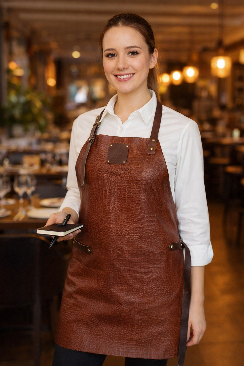 Textured brown leather apron with croc embossing for workshop use